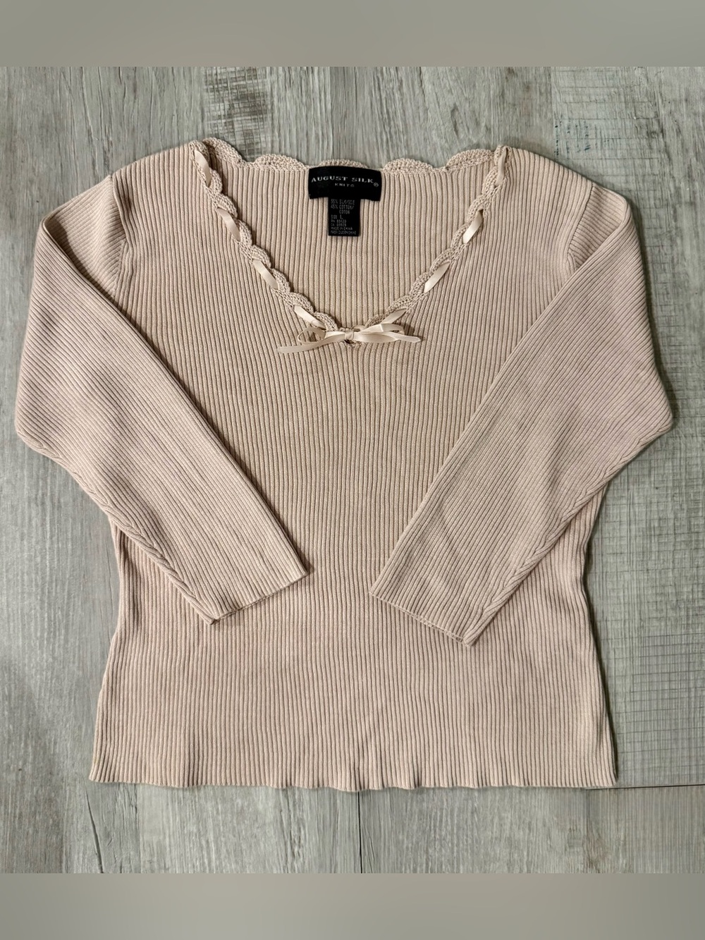 august silk cream ribbed scoop-neck sweater with braided trim